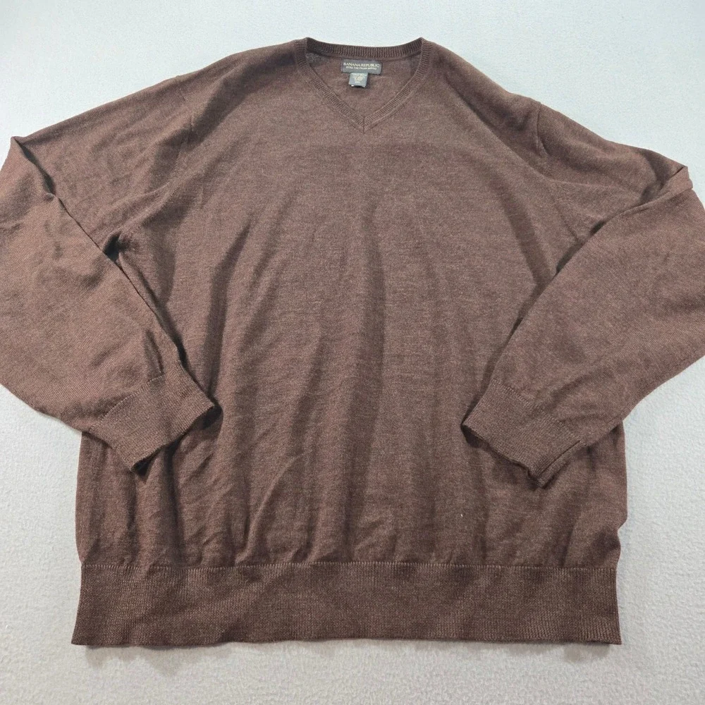 Banana Republic Sweater Mens XXL Brown Extra Fine Italian Merino Wool V-Neck